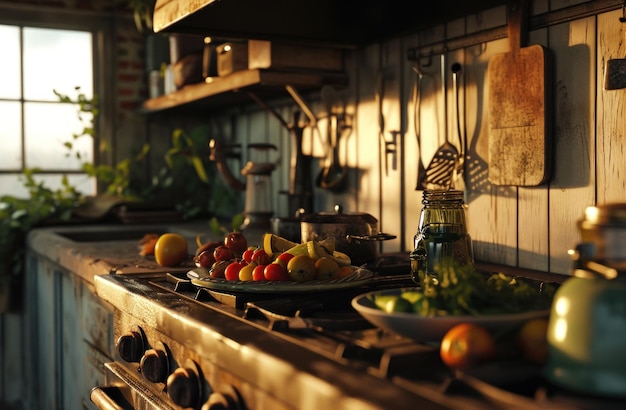 le poêle avec une assiette de légumes