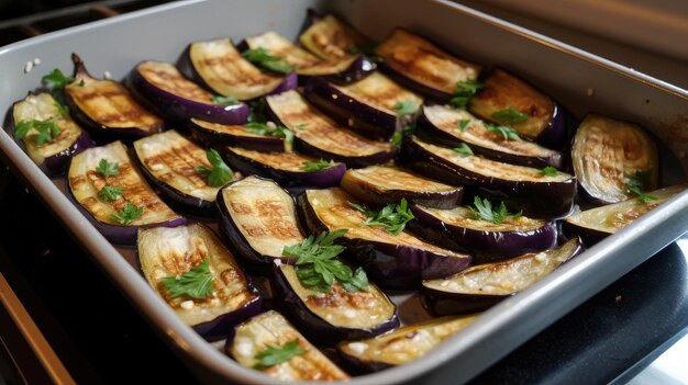 Photo une poêle d'aubergines rôties au four avec un oignon violet dessus.