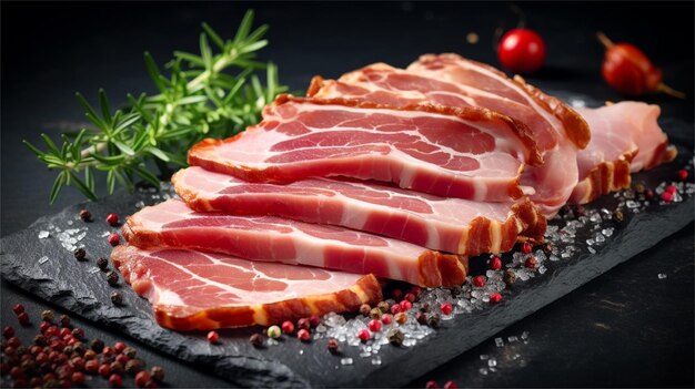 Une poêle de bacon avec un fond noir