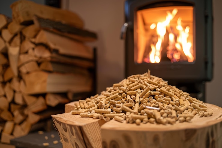 Photo un poêle à bois confortable avec un tas de granulés de bois ambiance chaleureuse