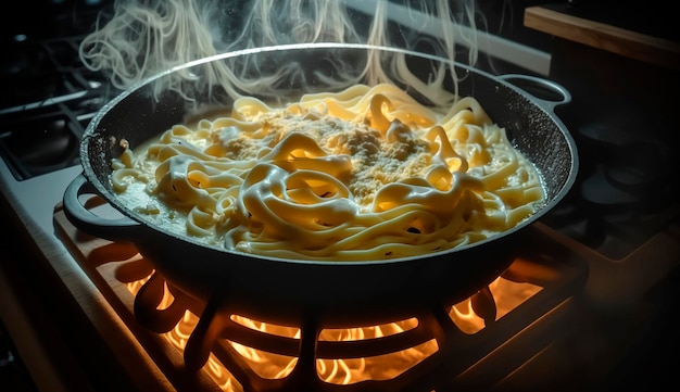 Poêle bouillante de pâtes linguine dans une sauce au fromage à la crème dans une cuisine familiale sur la cuisinière Generative Ai