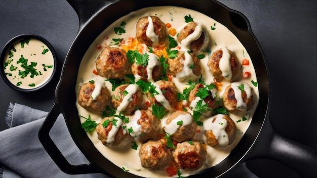 Une poêle de boulettes de viande avec une sauce crémeuse