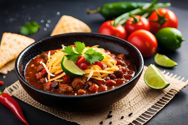 une poêle de chili avec légumes et fromage sur fond noir.