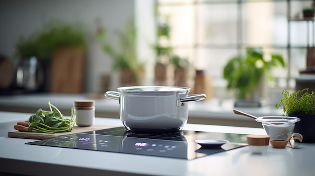 une poêle sur une cuisinière avec une casserole de brocoli