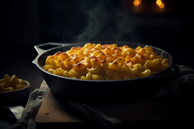 Une poêle en fonte de macaroni au fromage avec une cheminée en arrière-plan.