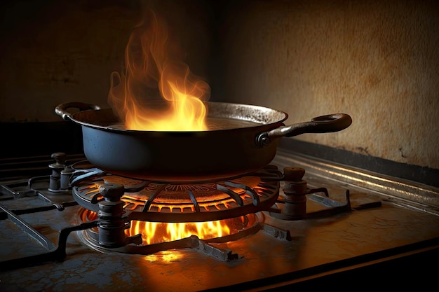 Poêle à frire sur laquelle les aliments sont frits marmite en acier sur brûleur à gaz