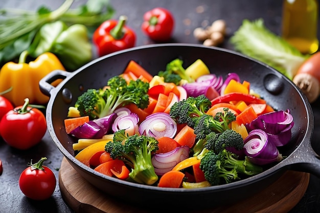 Une poêle à frire avec des légumes colorés de près