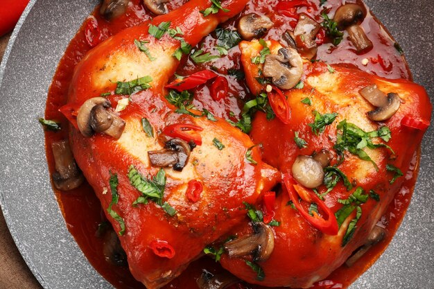 Poêle à frire avec poulet cacciatore, gros plan