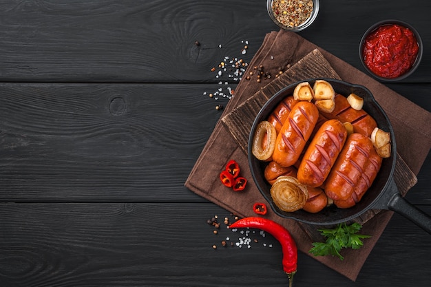 Poêle à frire avec des saucisses frites sur fond noir