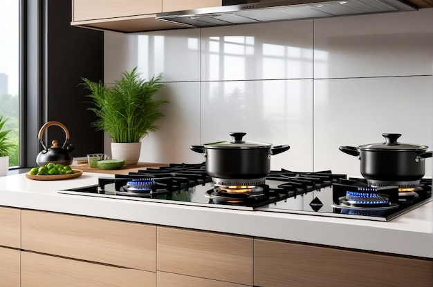 Poêle à gaz de la maison moderne salle de cuisine blanche avec design intérieur planche de cuisson plantes et cuisine accessoires élégants décor domestique neutre élégant concept de style de concepteur copier l'espace de texte de l'annonce