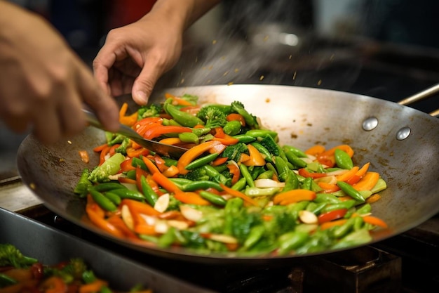 une poêle de légumes en cours de cuisson avec une personne remuant les légumes.