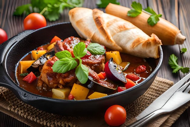 une poêle de nourriture avec des légumes et du pain