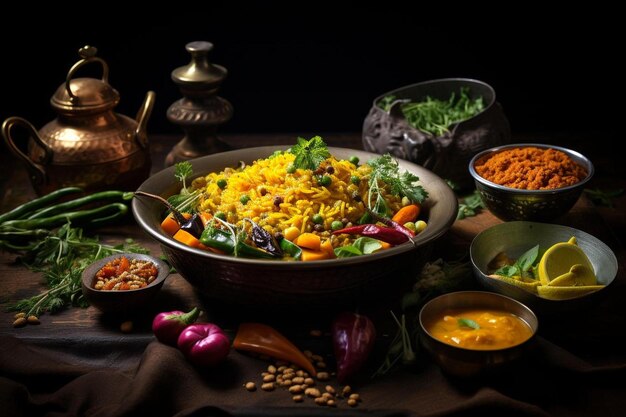 une poêle de nourriture avec des légumes et du riz sur une table.