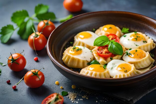 une poêle d'oeufs avec des tomates et du basilic sur une table.