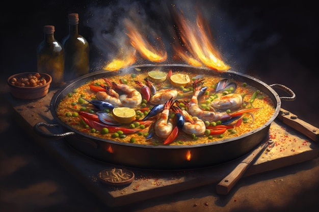 Une poêle de paella aux crevettes et crevettes dessus.