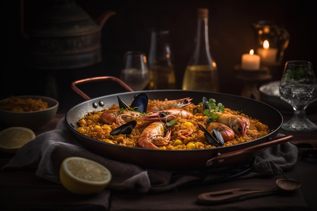 Une poêle de paella avec des fruits de mer sur le côté