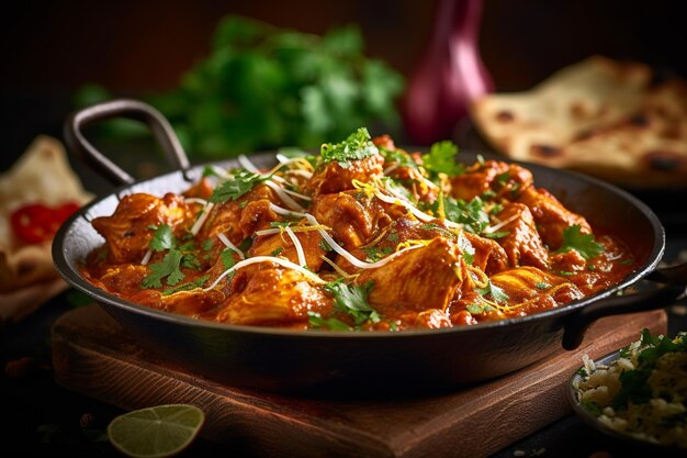 Une poêle de poulet au curry avec un côté de pain naan.