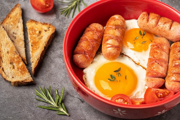 Poêle rouge avec des œufs au plat et des saucisses, gros plan.