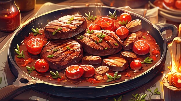 Photo une poêle de viandes grillées avec des tomates et des tomates