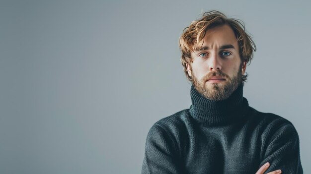 Photo poète poilu avec des yeux tristes sur un fond minimaliste