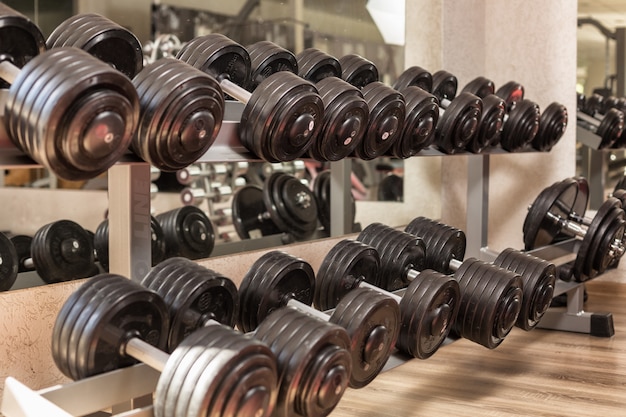 Les poids sont alignés dans le gymnase