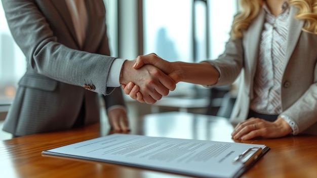 Une poignée de main d'affaires Un homme d'affaires et une femme d'affaires se serrent la main pour un contrat signé