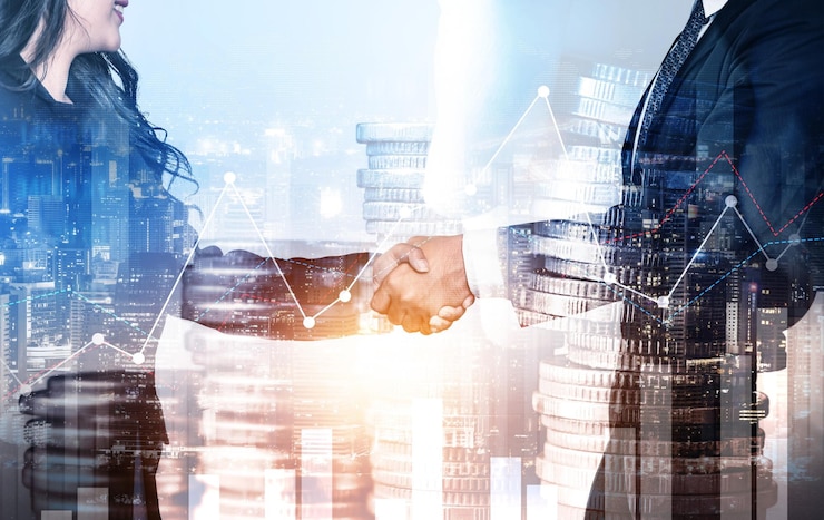 Photo poignée de main d'affaires sur la prospérité financière et l'arrière-plan des actifs de la technologie monétaire