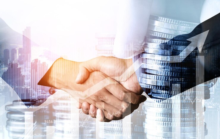 Photo poignée de main d'affaires sur la prospérité financière et l'arrière-plan des actifs de la technologie monétaire