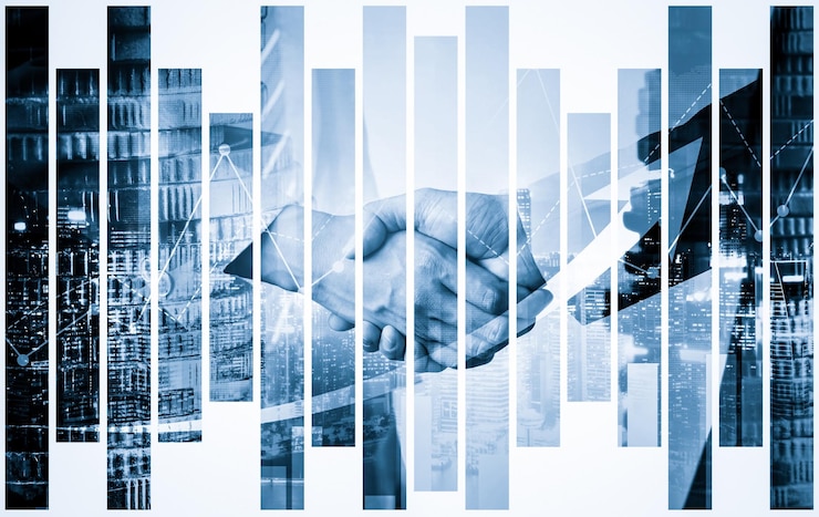 Photo poignée de main d'affaires sur la prospérité financière et l'arrière-plan des actifs de la technologie monétaire