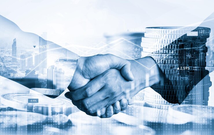 Photo poignée de main d'affaires sur la prospérité financière et l'arrière-plan des actifs de la technologie monétaire