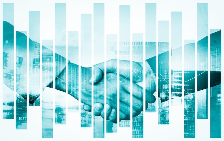 Photo poignée de main d'affaires sur la prospérité financière et l'arrière-plan des actifs de la technologie monétaire