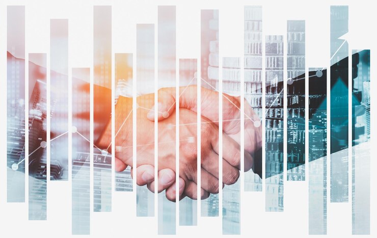 Photo poignée de main d'affaires sur la prospérité financière et l'arrière-plan des actifs de la technologie monétaire