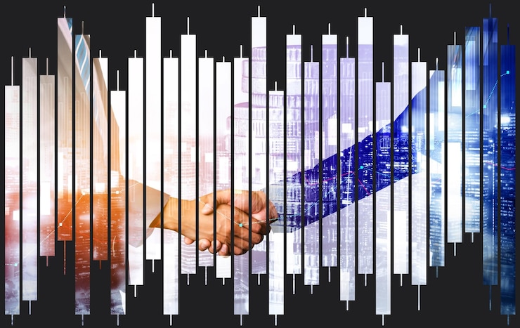 Photo poignée de main d'affaires sur la prospérité financière et l'arrière-plan des actifs de la technologie monétaire