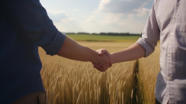 Une poignée de main de deux hommes en chemise sur le fond d'un champ de blé au coucher du soleil