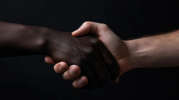 Poignée de main entre deux personnes de couleurs de peau différentes Le concept de diversité et d'égalité créé avec la technologie d'IA générative