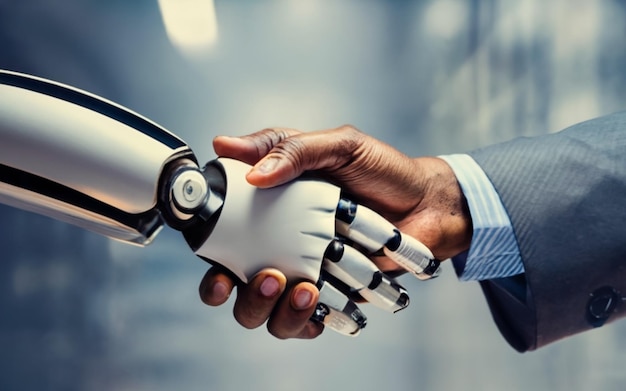 Poignée de main entre un homme d'affaires et un robot