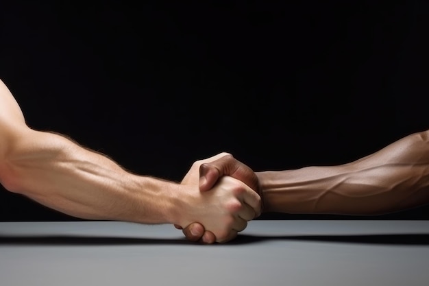 Photo poignée de main d'hommes caucasiens et africains sur table sur fond noir gros plan félicitations d'amitié