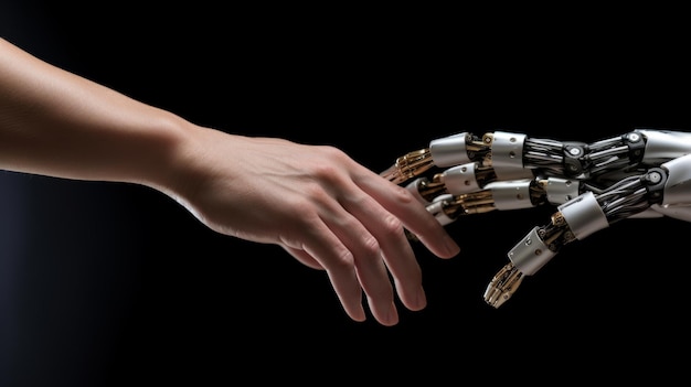 Poignée de main de la main humaine et de la main du robot Collaboration entre l'homme et la machine isolée