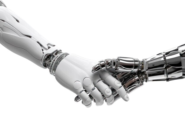 Poignée de main de robot humanoïde isolée sur fond blanc Accord commercial d'intelligence artificielle