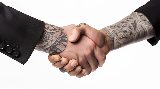 Poignée de main de tatouage entre deux hommes d'affaires signifie un accord réussi sur fond blanc IA générative