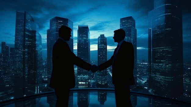 Poignée de main sur le thème bleu Des silhouettes d'entreprises mondiales se rencontrent dans la ville de la finance