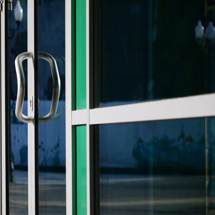Photo poignée de porte chromée et verre de façade de bureau en aluminium moderne