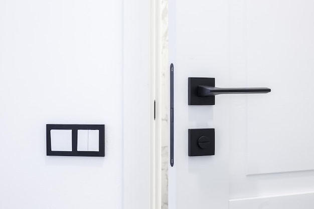 Poignée de porte noire moderne sur une porte en bois blanche à l'intérieur