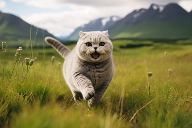 Poils gris de chat écossais dans la nature et à l'arrière-plan de montagne IA générative