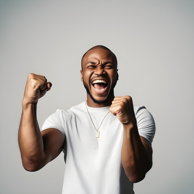 Photo le poing d'un homme noir heureux en l'air pour la victoire