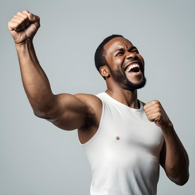 Le poing d'un homme noir heureux en l'air pour la victoire