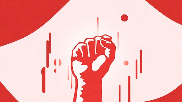 Poing levé sur fond d'animation de drapeau motivant le slogan sous forme de poing levant sur
