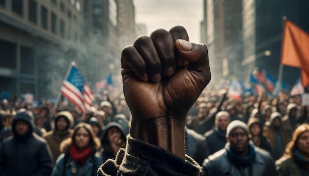 Photo le poing levé d'un homme noir africain comme le symbole de la protestation