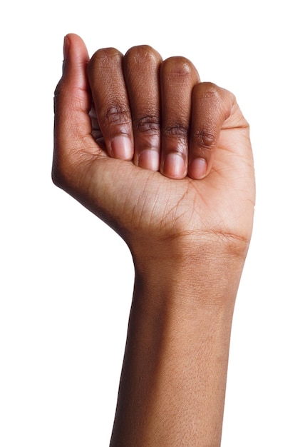 Poing noir femelle isolé sur fond blanc. Main serrée afro-américaine, faisant des gestes. Comptage, agression, concept courageux