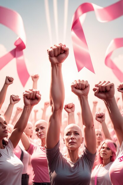 poing vers le haut fond de foule de ruban rose